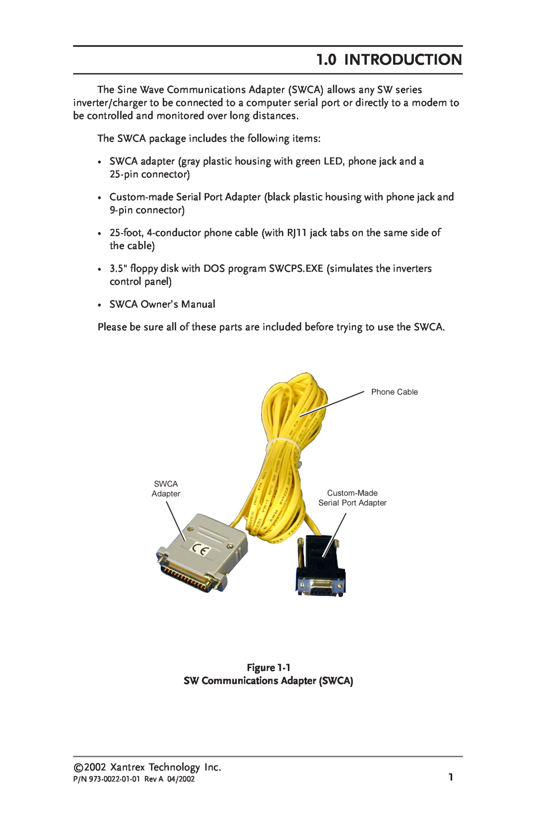 Xantrex Technology owner manual Introduction, SW Communications Adapter SWCA 