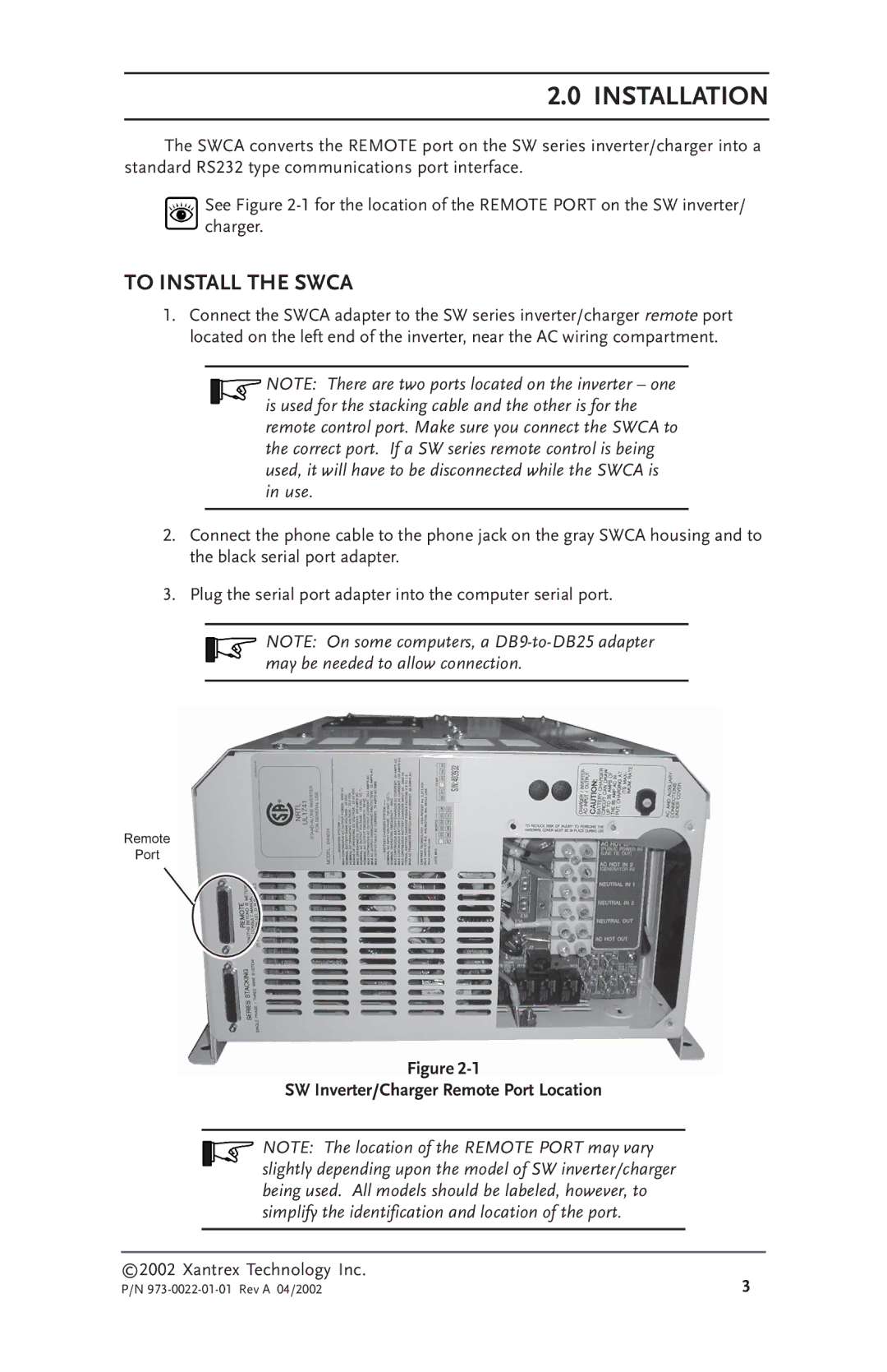 Xantrex Technology SW Communications Adapter owner manual Installation, To Install the Swca 