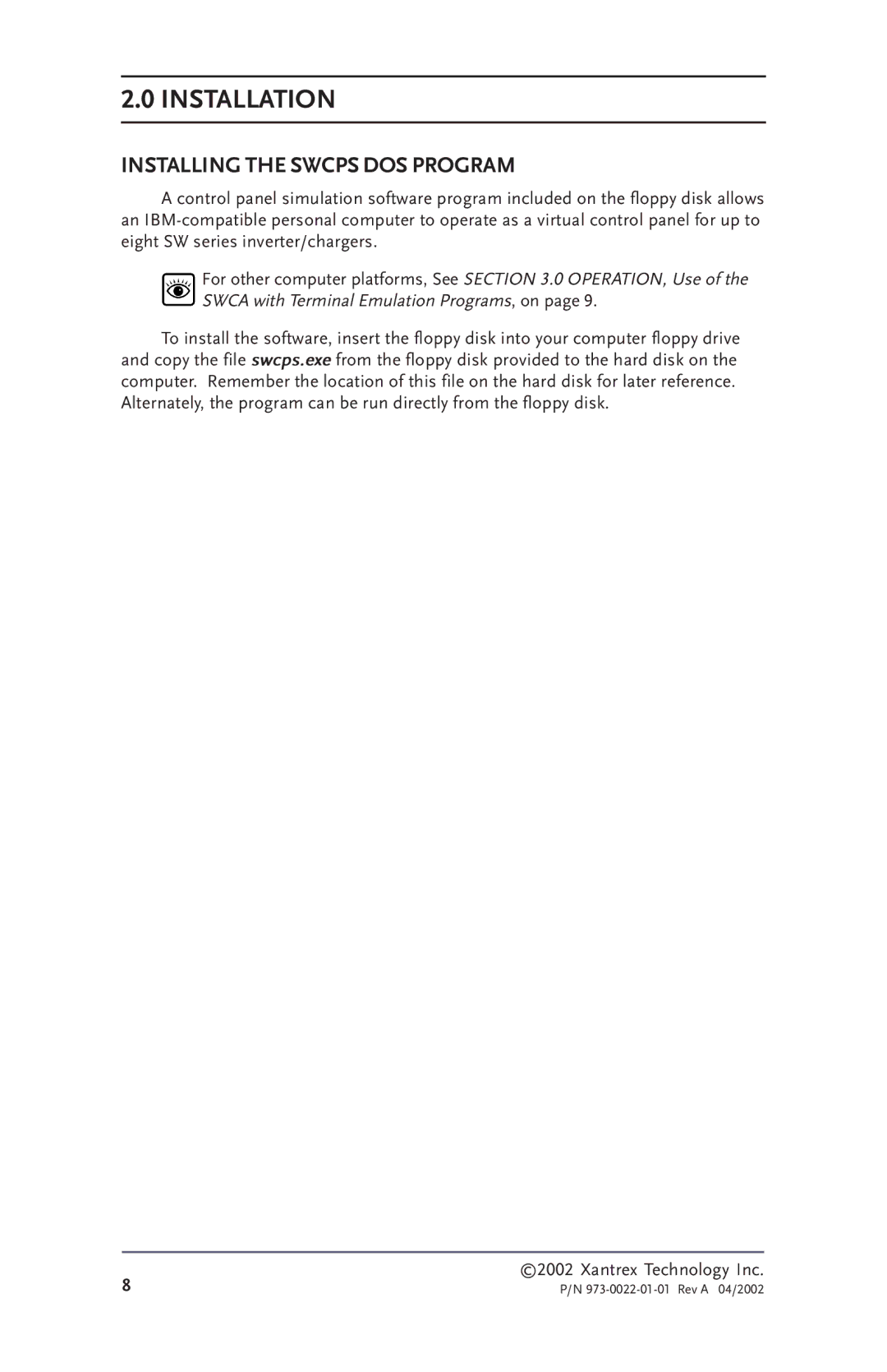 Xantrex Technology SW Communications Adapter owner manual Installing the Swcps DOS Program 