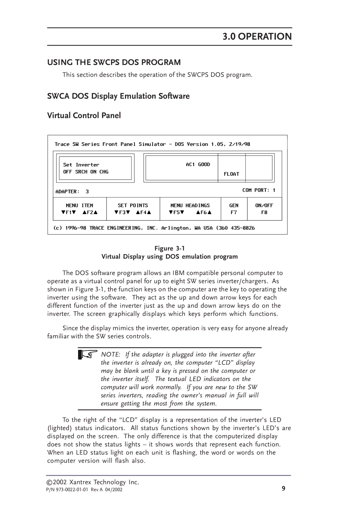 Xantrex Technology SW Communications Adapter owner manual Using the Swcps DOS Program, Swca DOS Display Emulation Software 