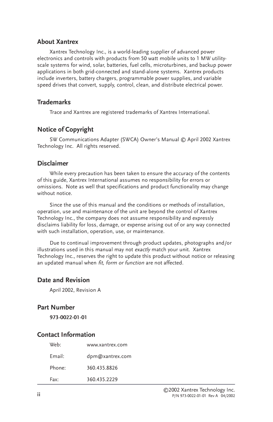 Xantrex Technology SW Communications Adapter About Xantrex, Trademarks, Disclaimer, Date and Revision, Contact Information 