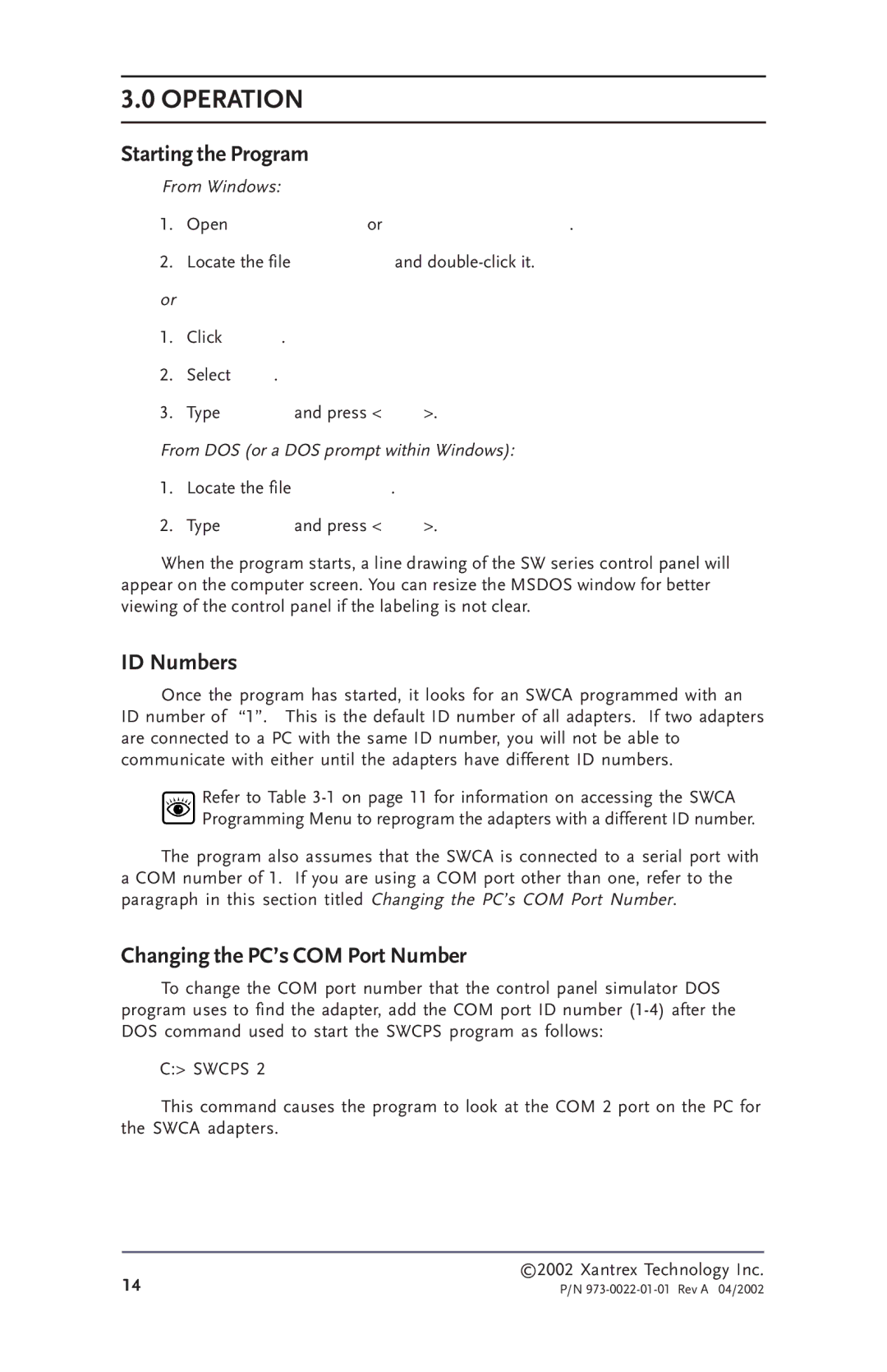 Xantrex Technology SW Communications Adapter Starting the Program, ID Numbers, Changing the PC’s COM Port Number 