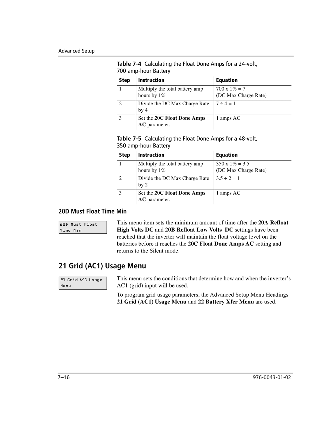 Xantrex Technology SW Plus 4048, SW Plus 2524, SW Plus 5548, SW Plus 4024 Gr d AC1 Usage Menu, 20D Must Float Time Min 