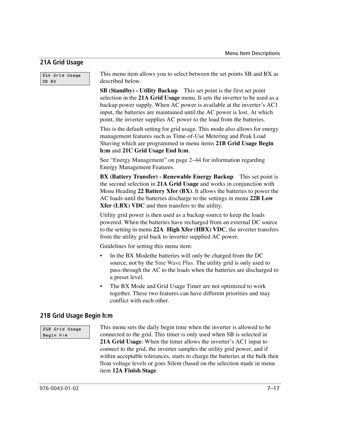 Xantrex Technology SW Plus 2524, SW Plus 5548, SW Plus 4024, SW Plus 2548 owner manual 21A Grid Usage, 21B Grid Usage Begin hm 