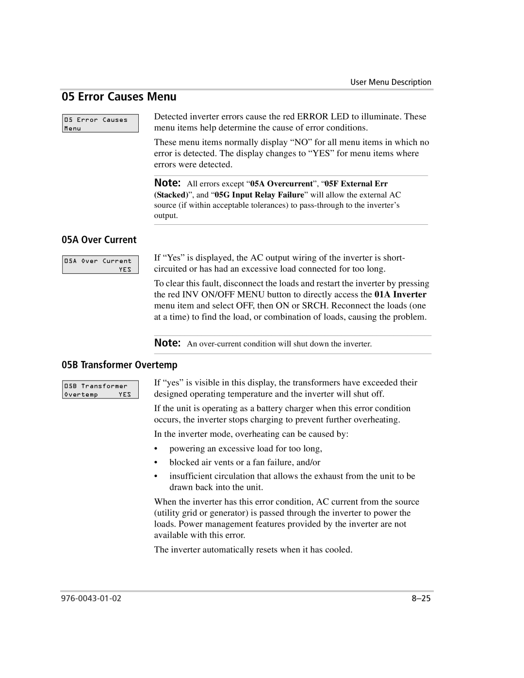 Xantrex Technology SW Plus 2548, SW Plus 2524, SW Plus 5548, SW Plus 4024 owner manual Error Causes Menu, Transfo mer Overtemp