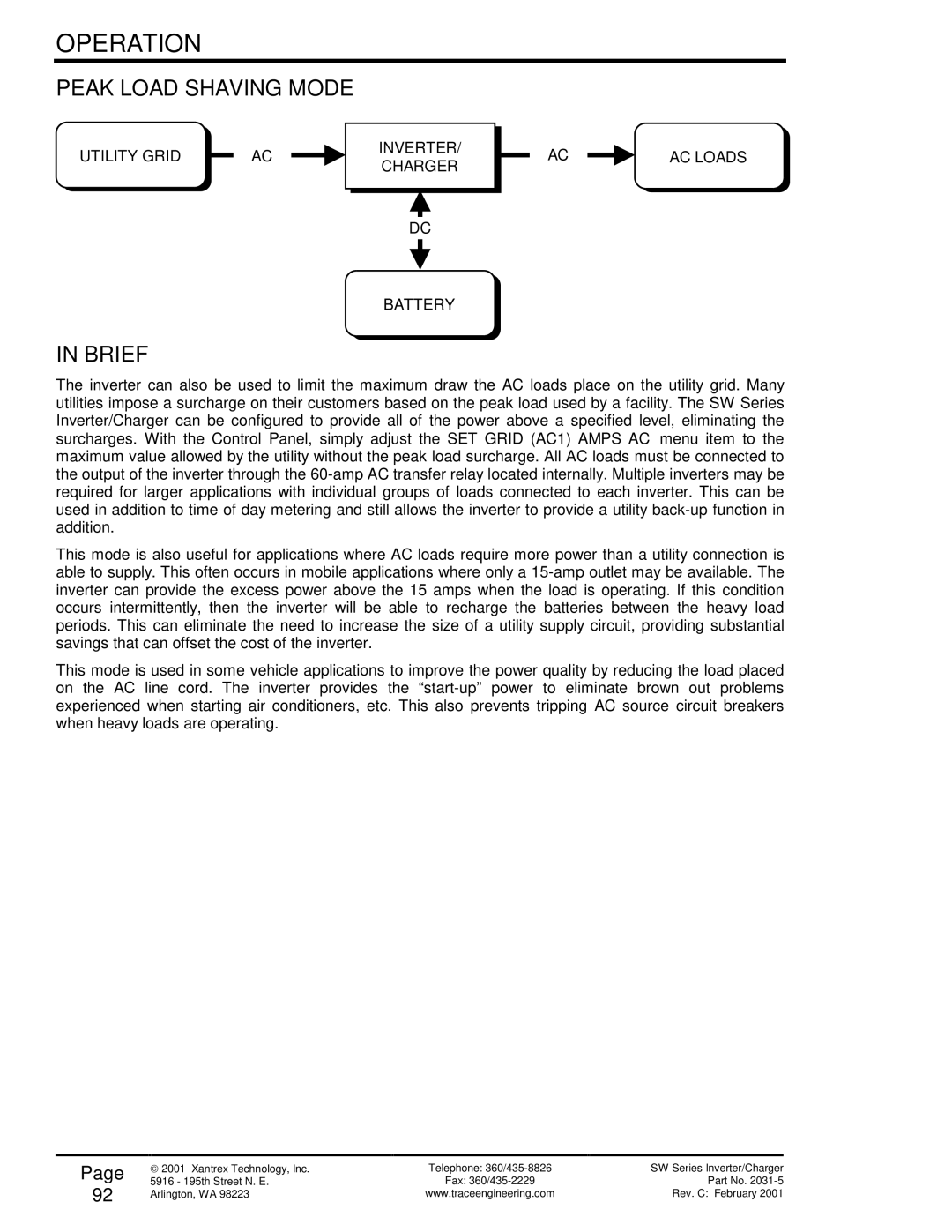 Xantrex Technology SW Series owner manual Peak Load Shaving Mode, Brief 