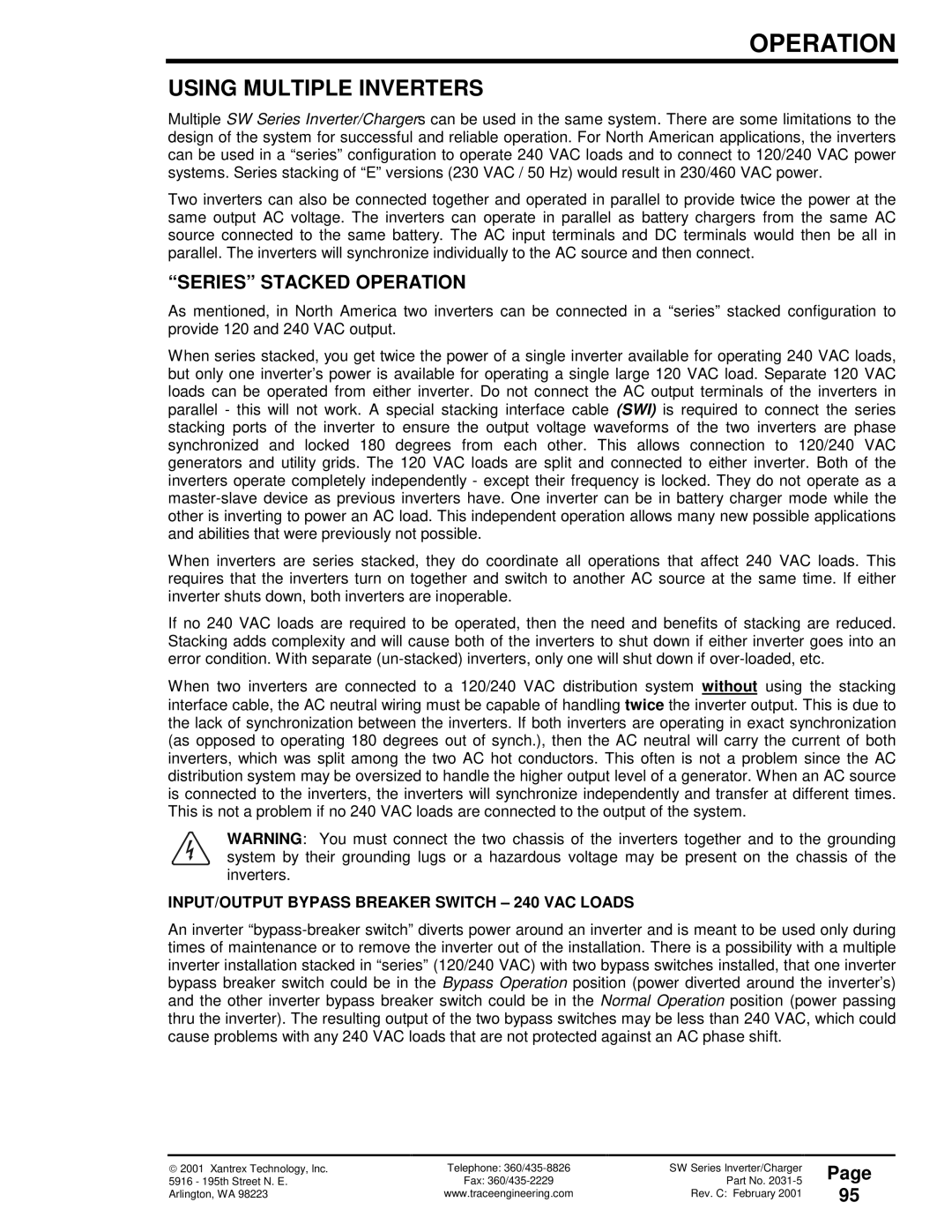 Xantrex Technology SW Series owner manual Using Multiple Inverters, Series Stacked Operation 