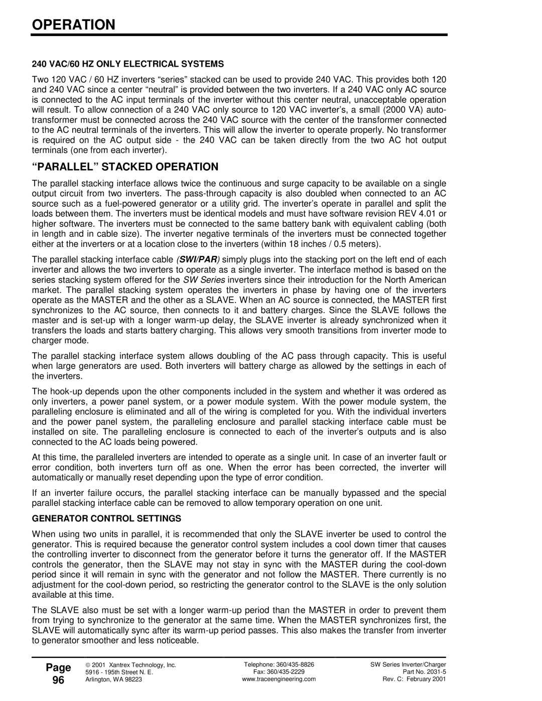 Xantrex Technology SW Series Parallel Stacked Operation, 240 VAC/60 HZ only Electrical Systems, Generator Control Settings 