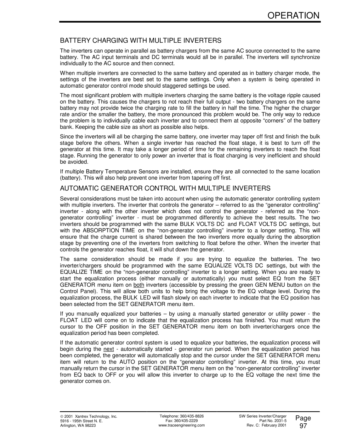Xantrex Technology SW Series Battery Charging with Multiple Inverters, Automatic Generator Control with Multiple Inverters 