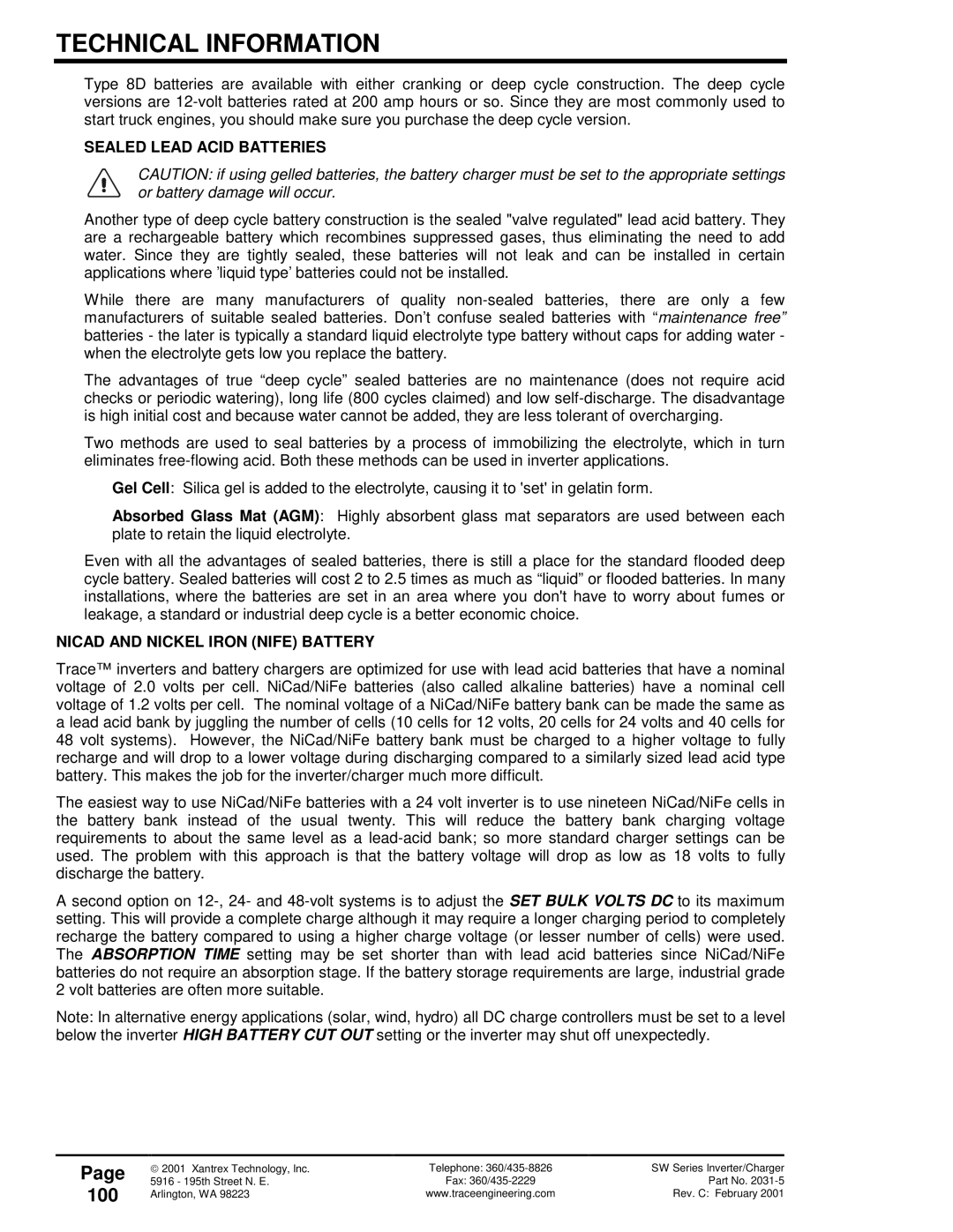 Xantrex Technology SW Series owner manual 100, Sealed Lead Acid Batteries, Nicad and Nickel Iron Nife Battery 