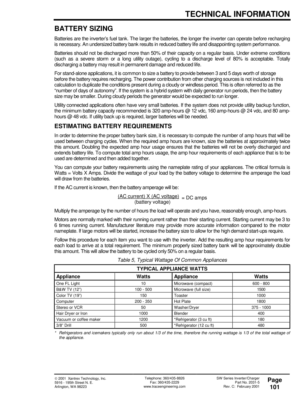 Xantrex Technology SW Series owner manual Battery Sizing, Estimating Battery Requirements, 101, Typical Appliance Watts 