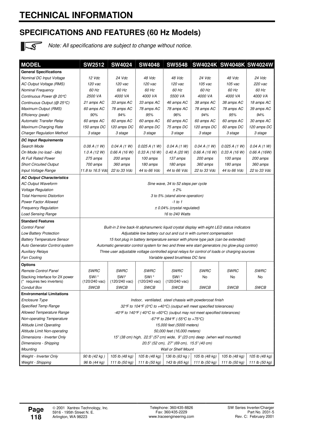 Xantrex Technology SW Series owner manual Specifications and Features 60 Hz Models, 118 