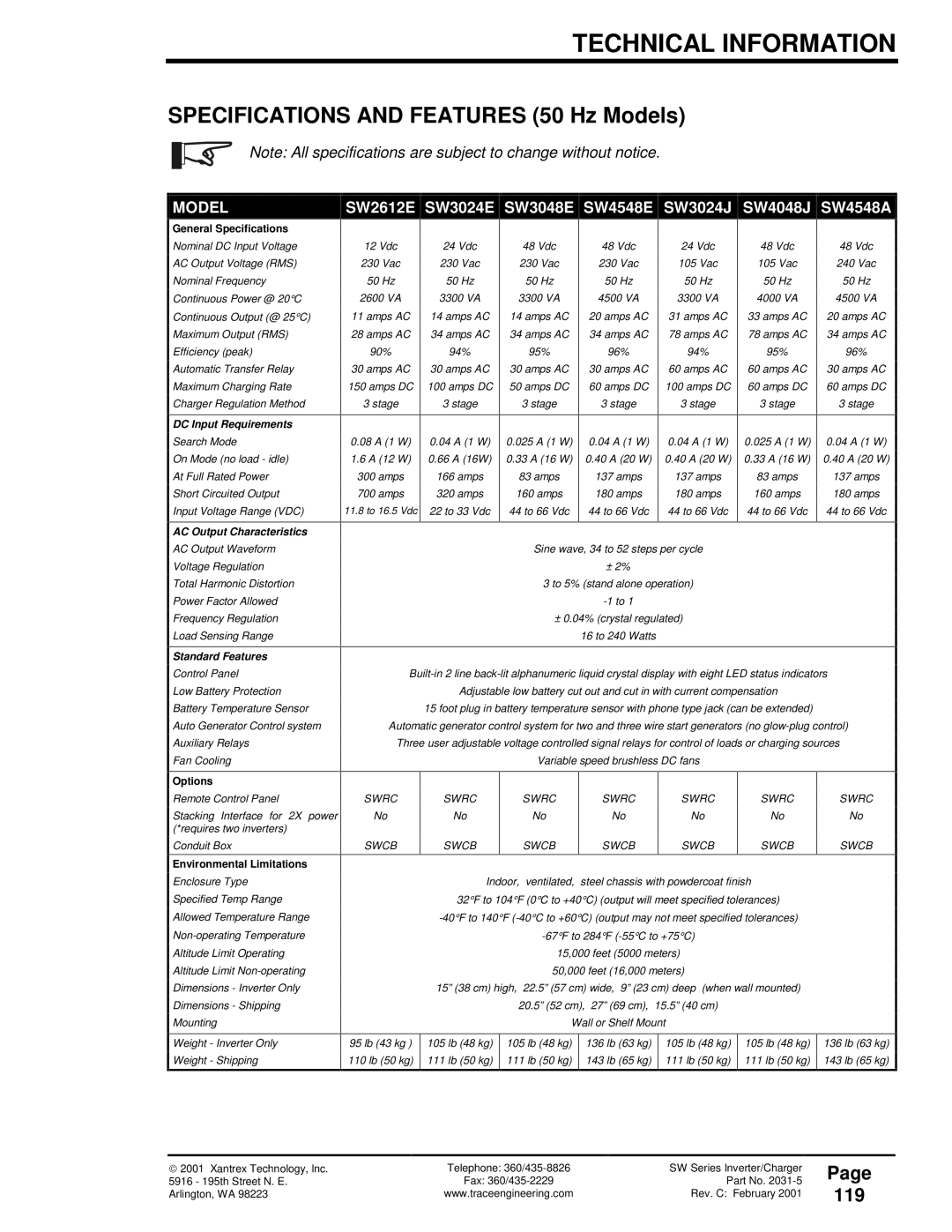 Xantrex Technology SW Series owner manual Specifications and Features 50 Hz Models, 119 