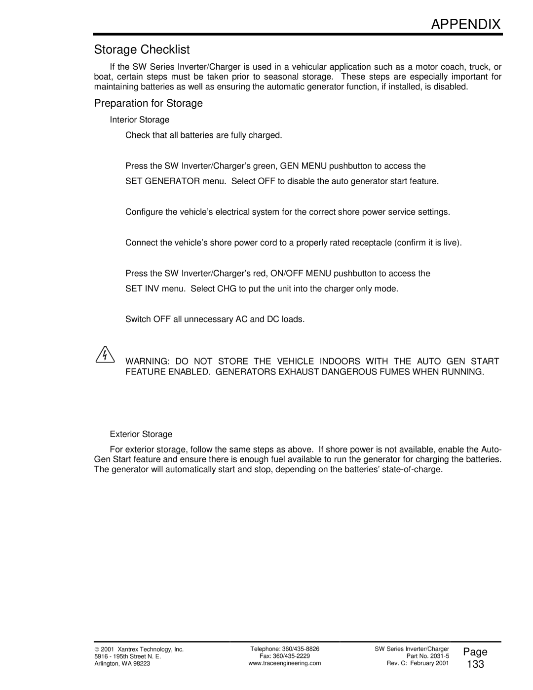 Xantrex Technology SW Series owner manual Preparation for Storage, 133, Interior Storage, Exterior Storage 