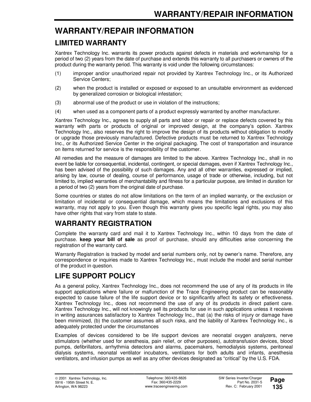 Xantrex Technology SW Series WARRANTY/REPAIR Information, Limited Warranty, Warranty Registration, Life Support Policy 