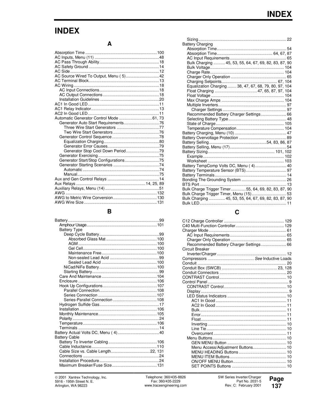 Xantrex Technology SW Series owner manual Index, 137 