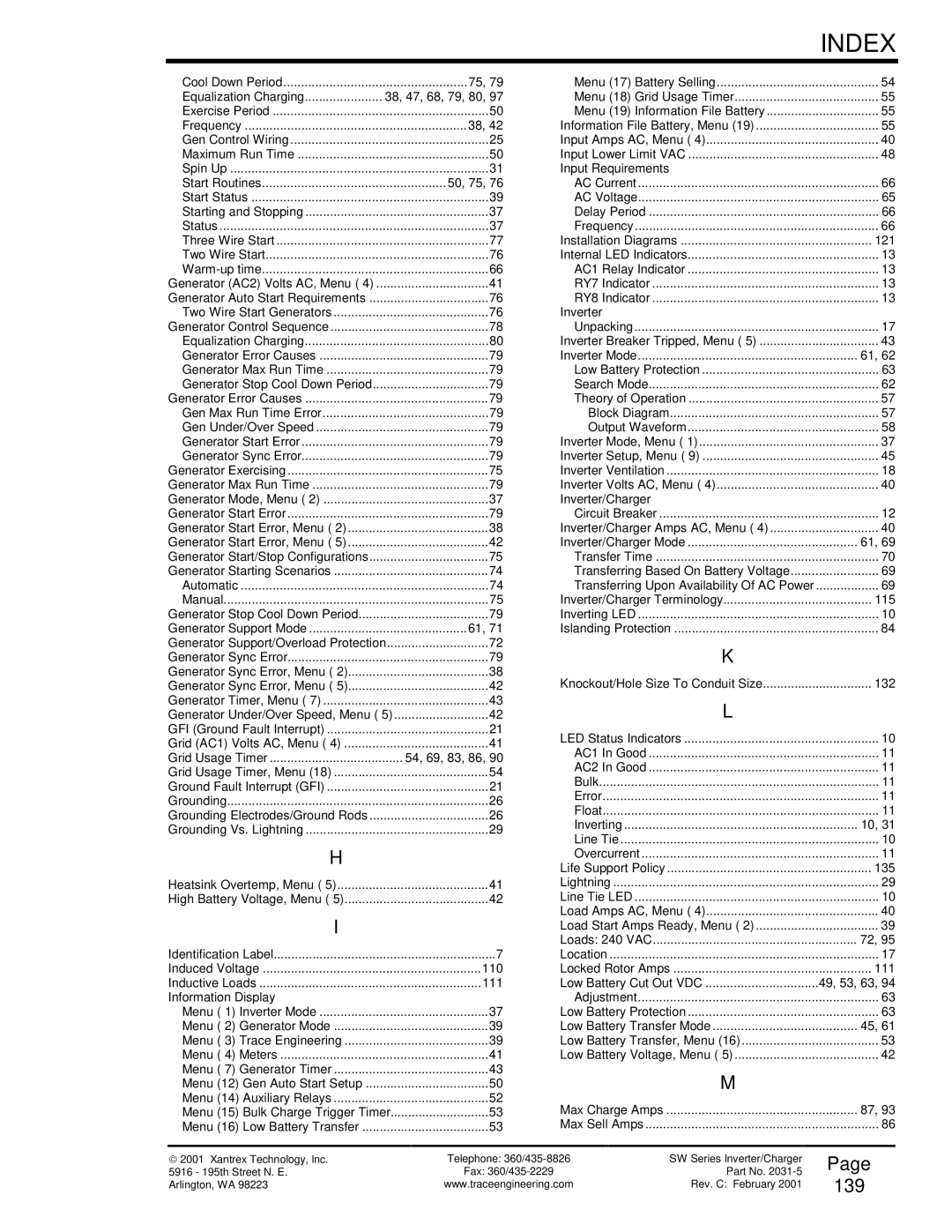 Xantrex Technology SW Series owner manual 139, Equalization Charging 38, 47, 68, 79, 80 