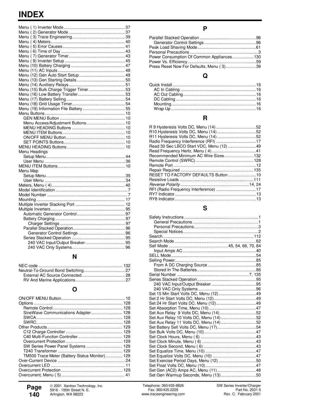 Xantrex Technology SW Series owner manual 140, Menu 4 Meters Menu 5 Error Causes 