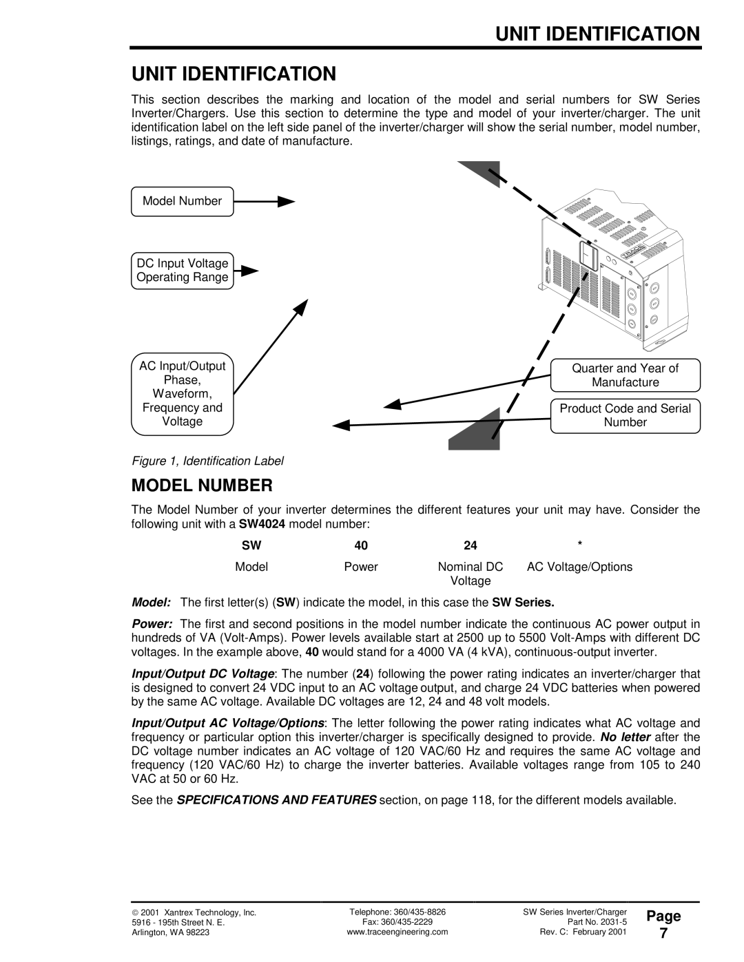 Xantrex Technology SW Series owner manual Unit Identification, Model Number 