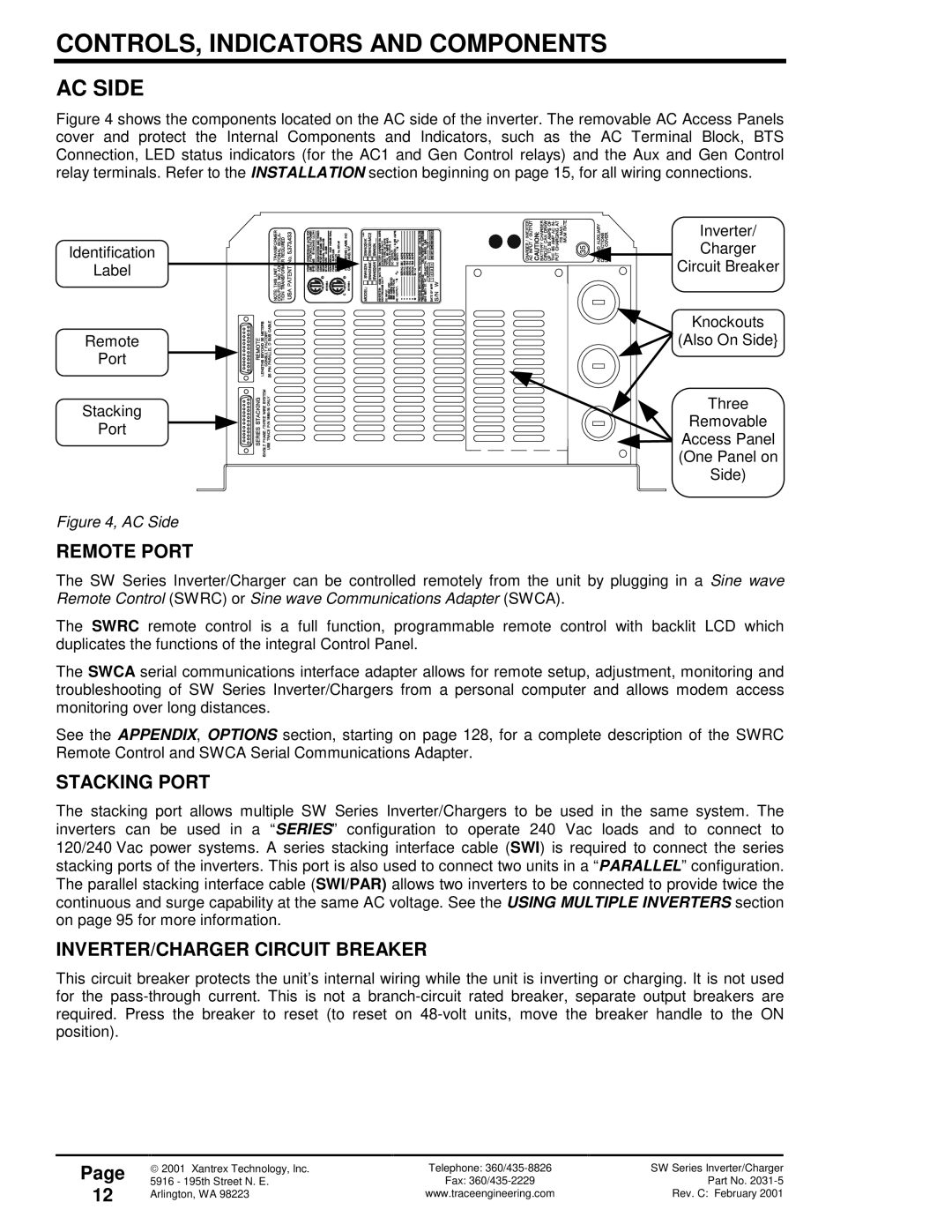 Xantrex Technology SW Series owner manual AC Side, Remote Port, Stacking Port, INVERTER/CHARGER Circuit Breaker 