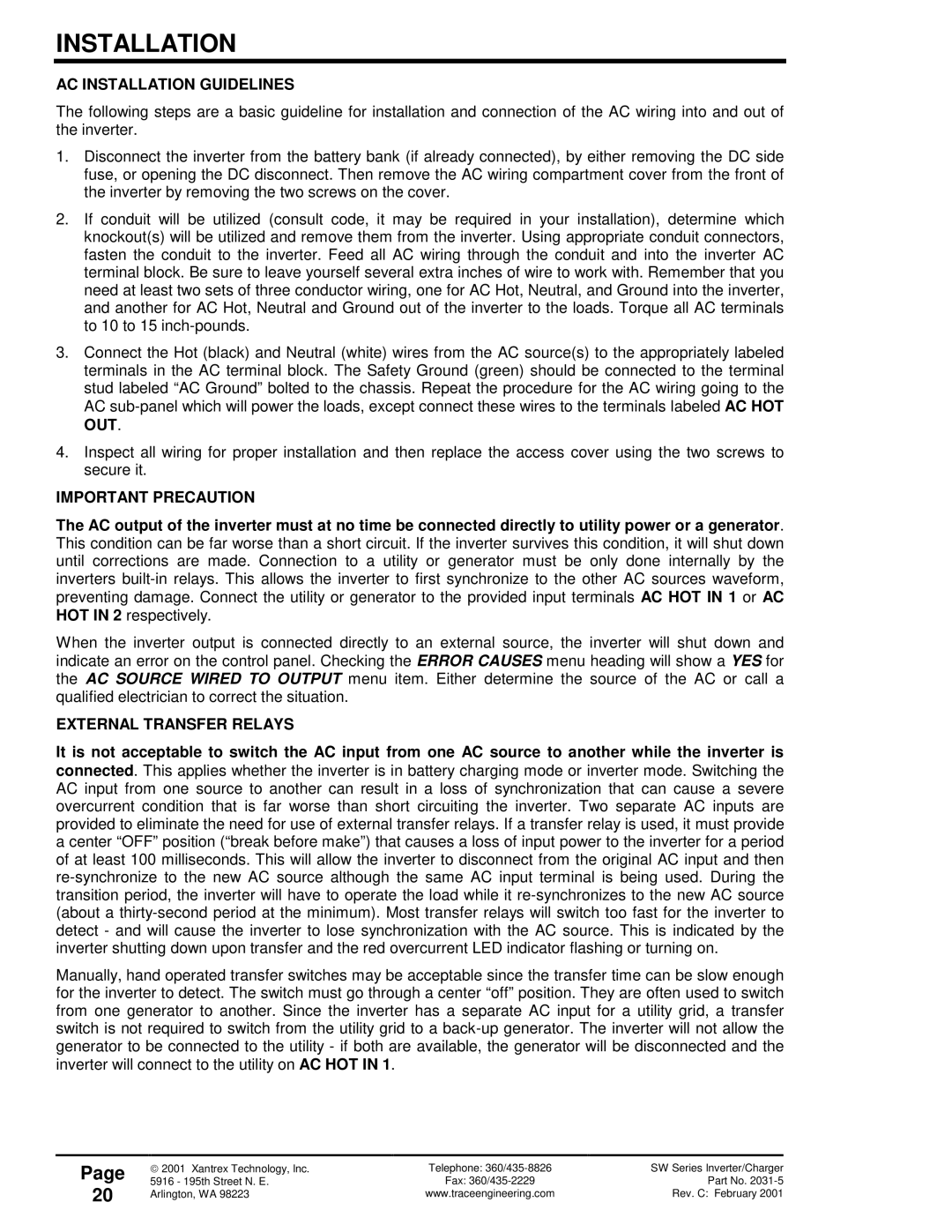 Xantrex Technology SW Series owner manual AC Installation Guidelines, Important Precaution, External Transfer Relays 