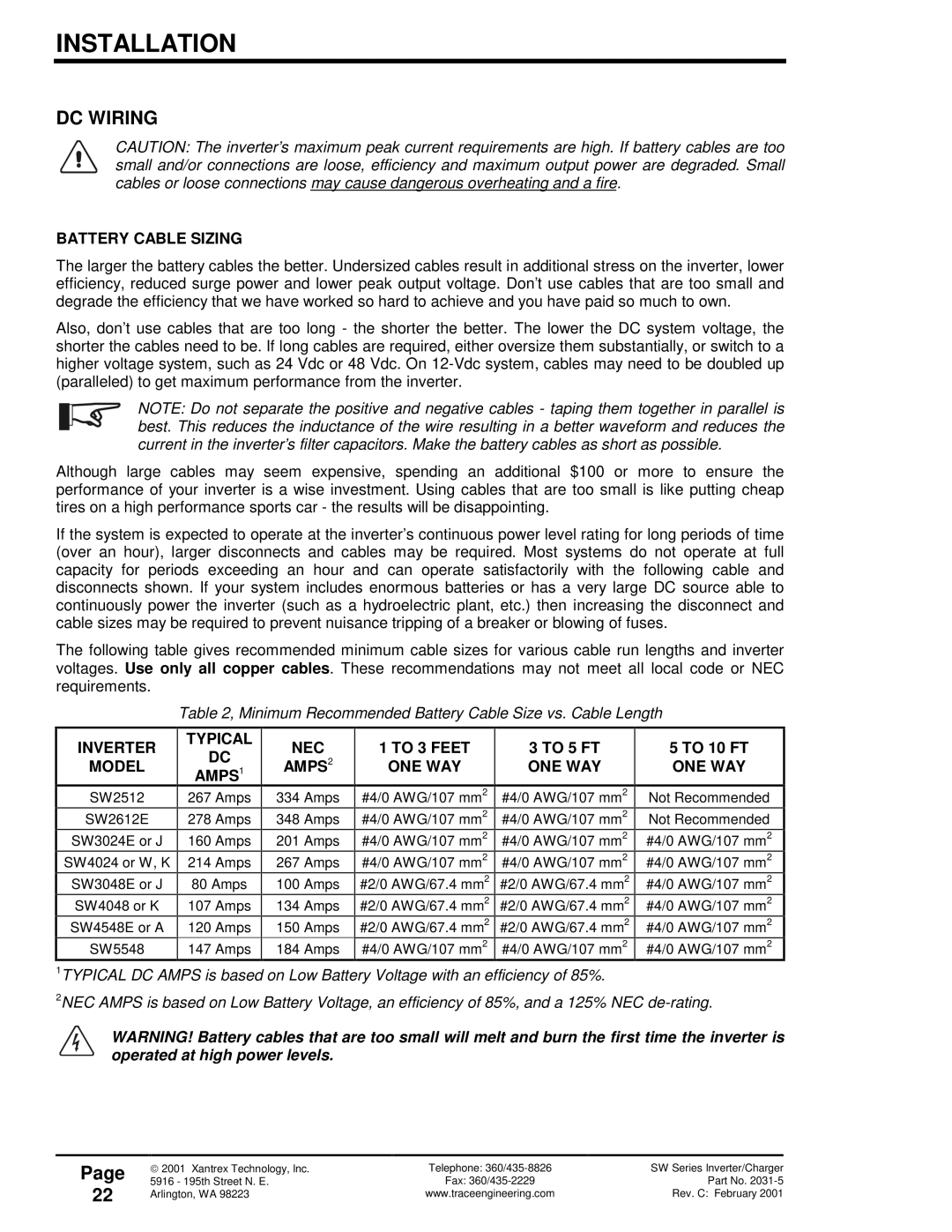 Xantrex Technology SW Series DC Wiring, Battery Cable Sizing, Inverter Model Typical AMPS1 NEC To 3 Feet, To 5 FT 