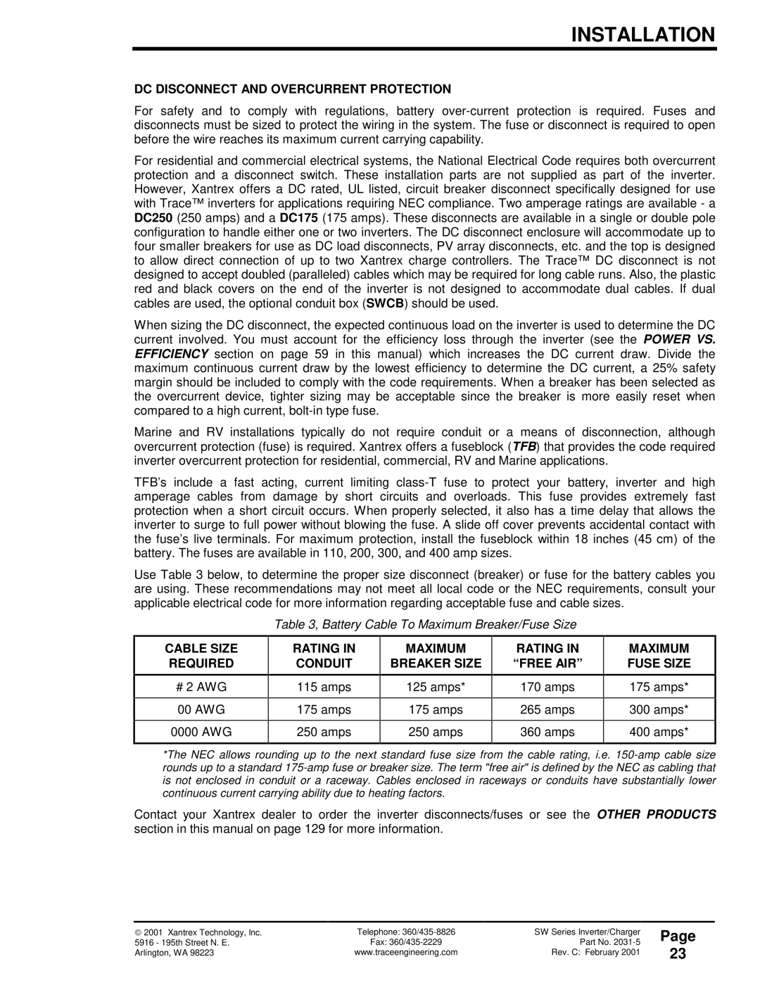 Xantrex Technology SW Series owner manual DC Disconnect and Overcurrent Protection, Cable Size Required, Maximum Fuse Size 