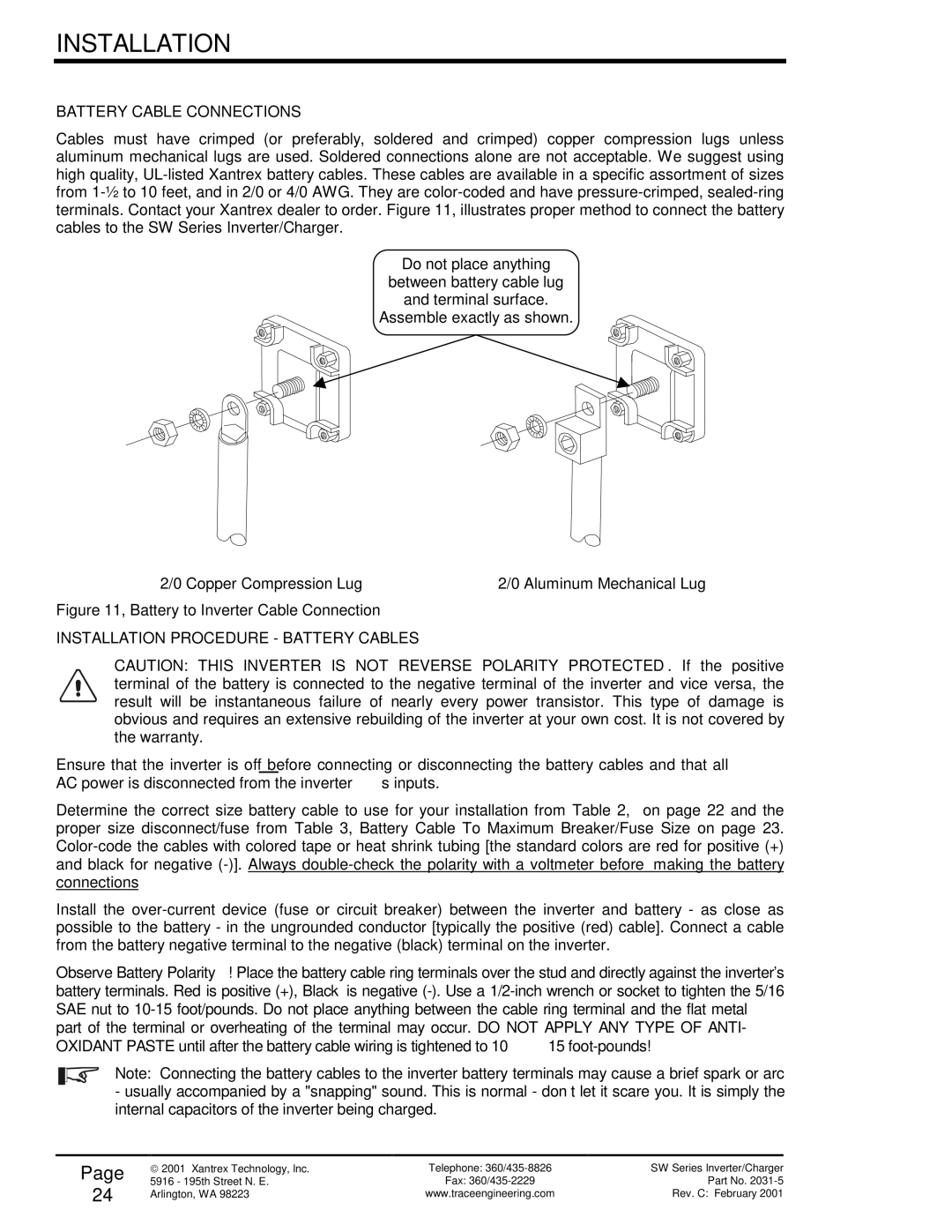 Xantrex Technology SW Series owner manual Battery Cable Connections, Installation Procedure Battery Cables 