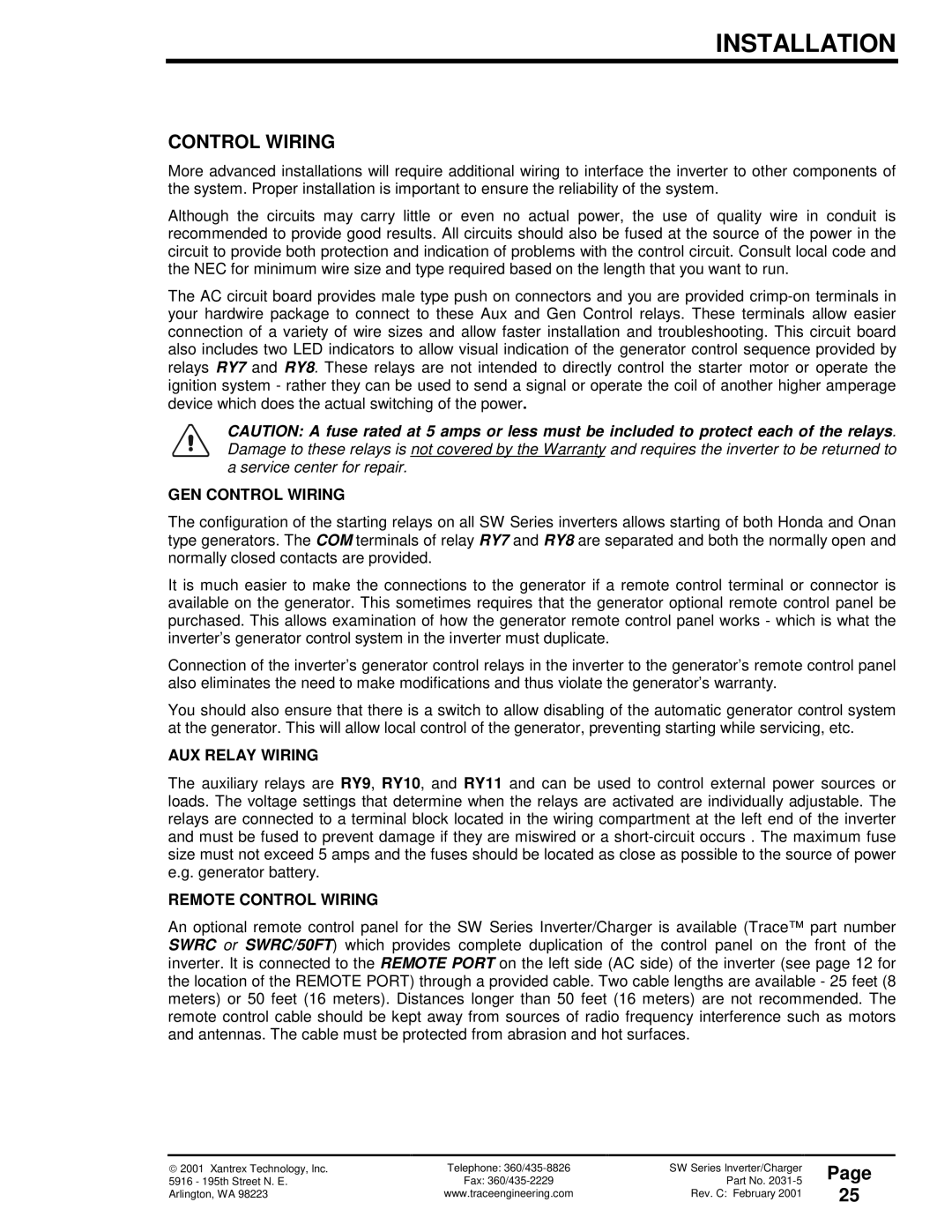 Xantrex Technology SW Series owner manual GEN Control Wiring, AUX Relay Wiring, Remote Control Wiring 