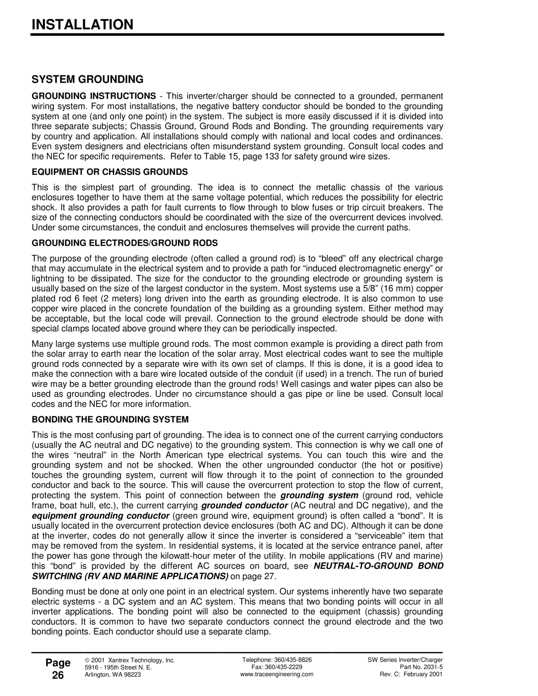 Xantrex Technology SW Series owner manual System Grounding, Equipment or Chassis Grounds, Grounding ELECTRODES/GROUND Rods 