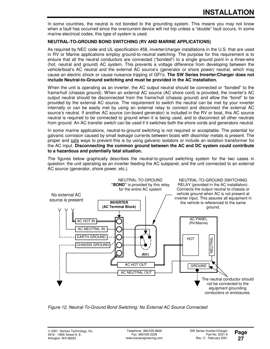 Xantrex Technology SW Series owner manual NEUTRAL-TO-GROUND Bond Switching RV and Marine Applications, Neutral-To-Ground 