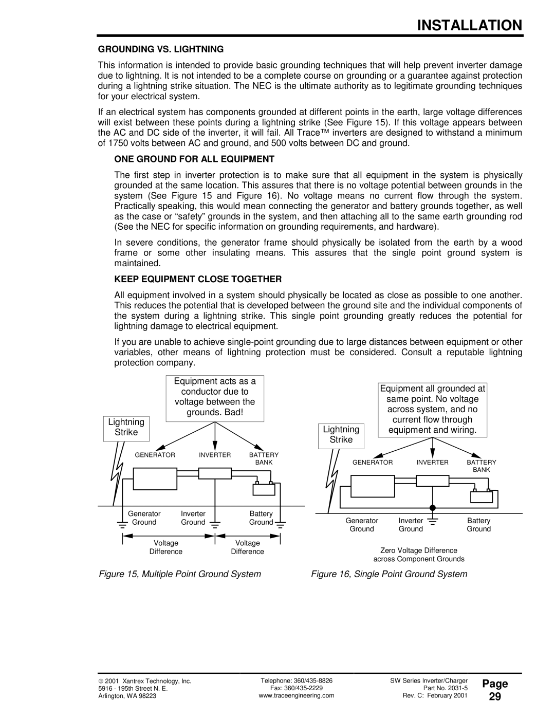 Xantrex Technology SW Series Grounding VS. Lightning, ONE Ground for ALL Equipment, Keep Equipment Close Together 