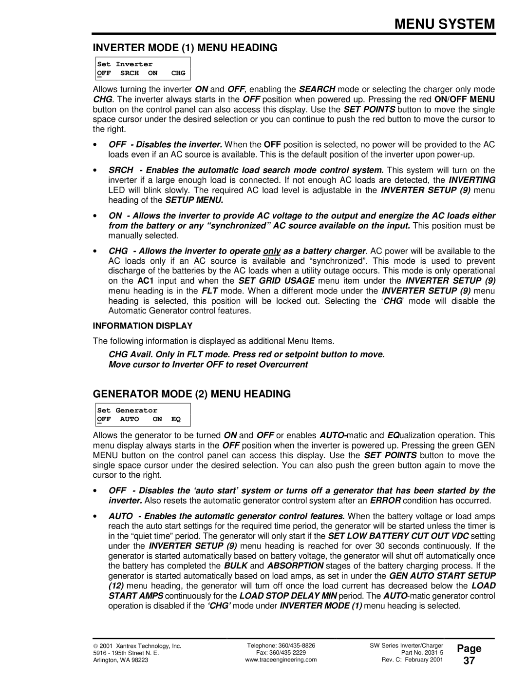 Xantrex Technology SW Series owner manual Inverter Mode 1 Menu Heading, Generator Mode 2 Menu Heading, Information Display 
