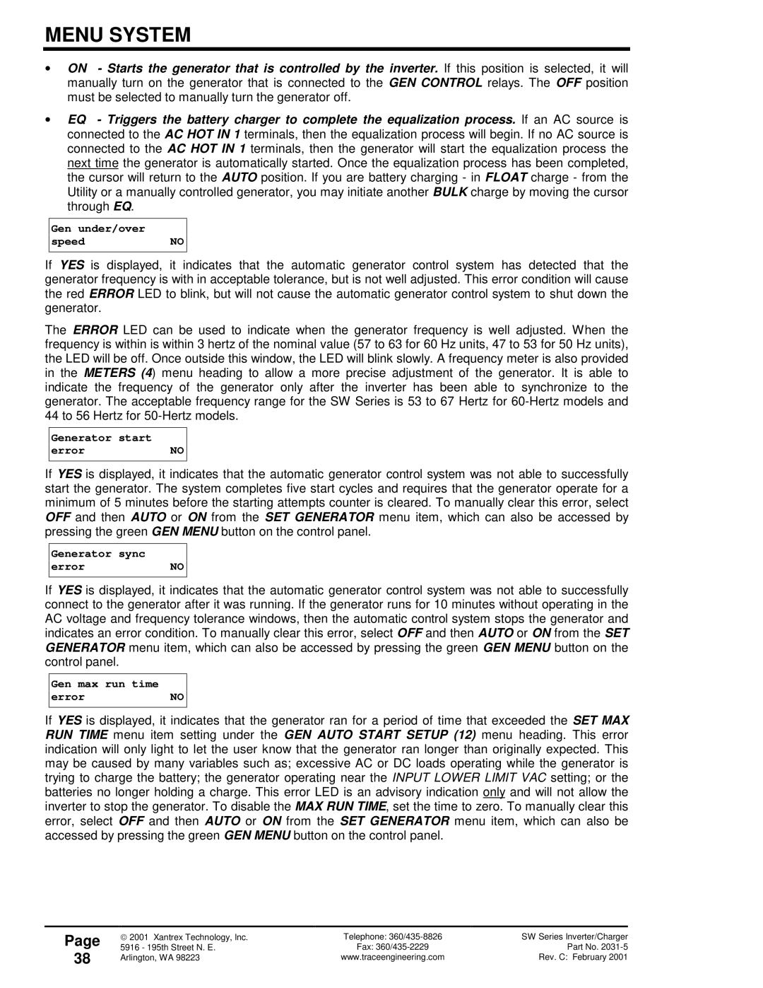 Xantrex Technology SW Series owner manual Gen under/over SpeedNO 