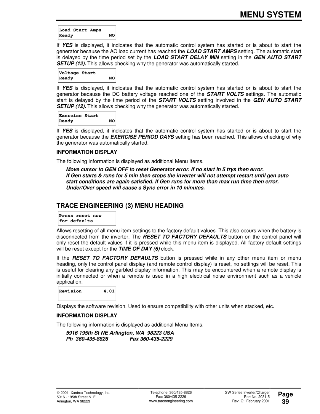 Xantrex Technology SW Series owner manual Trace Engineering 3 Menu Heading, 5916 195th St NE Arlington, WA 98223 USA Fax 