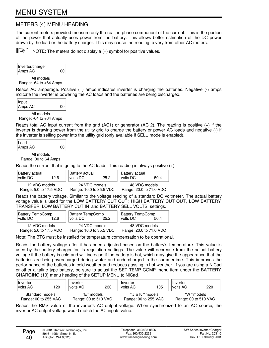 Xantrex Technology SW Series owner manual Meters 4 Menu Heading 