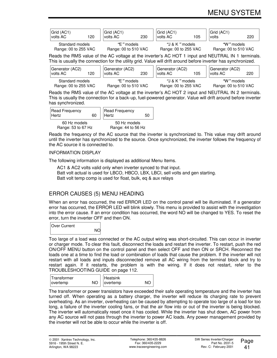 Xantrex Technology SW Series owner manual Error Causes 5 Menu Heading 