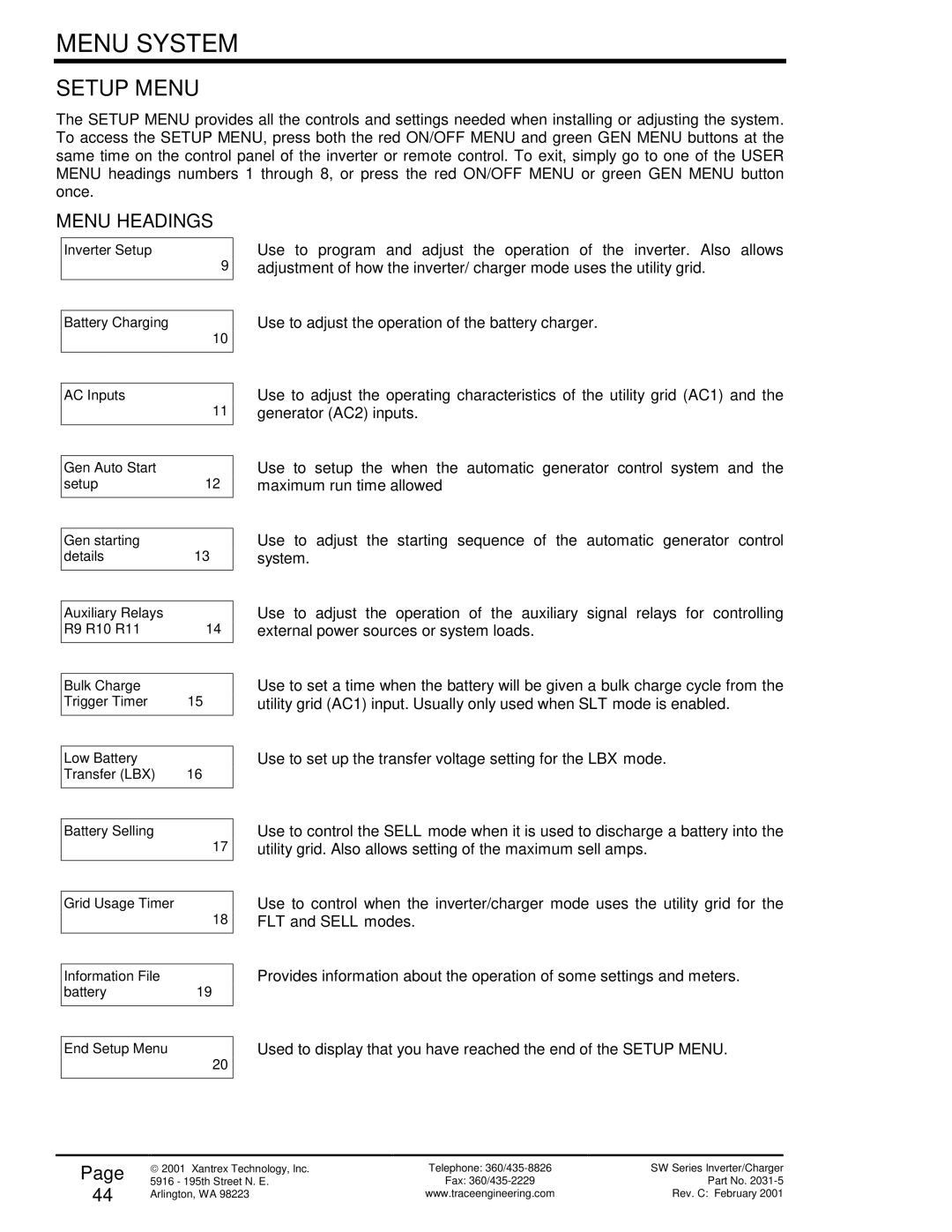 Xantrex Technology SW Series owner manual Setup Menu, Menu Headings 