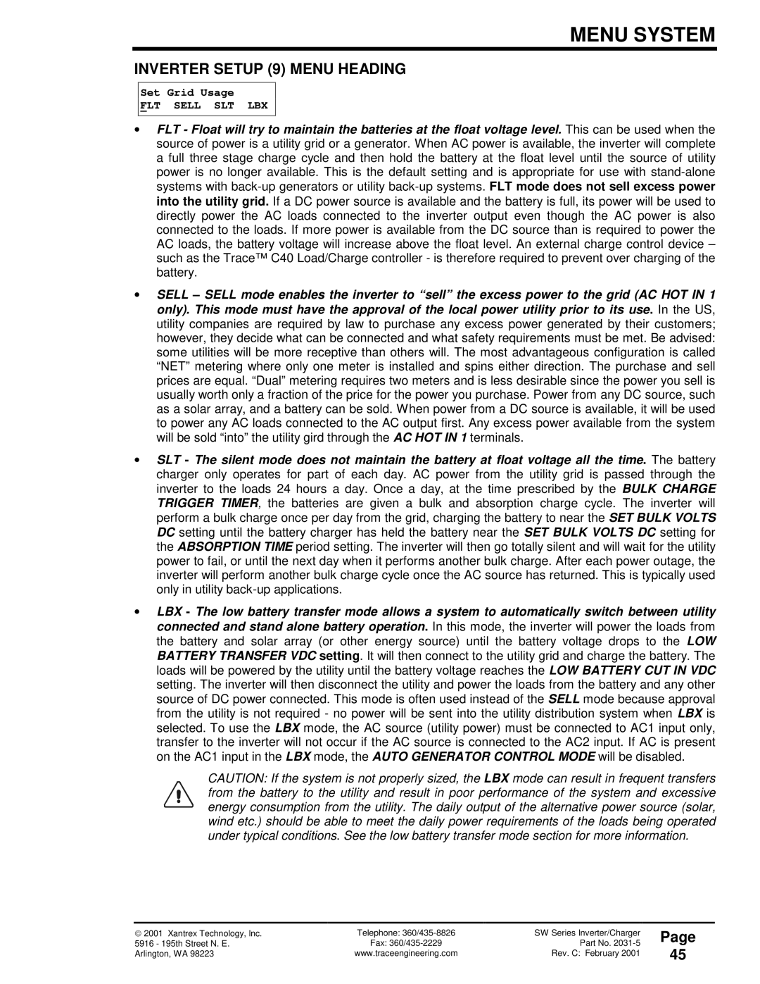 Xantrex Technology SW Series owner manual Inverter Setup 9 Menu Heading 