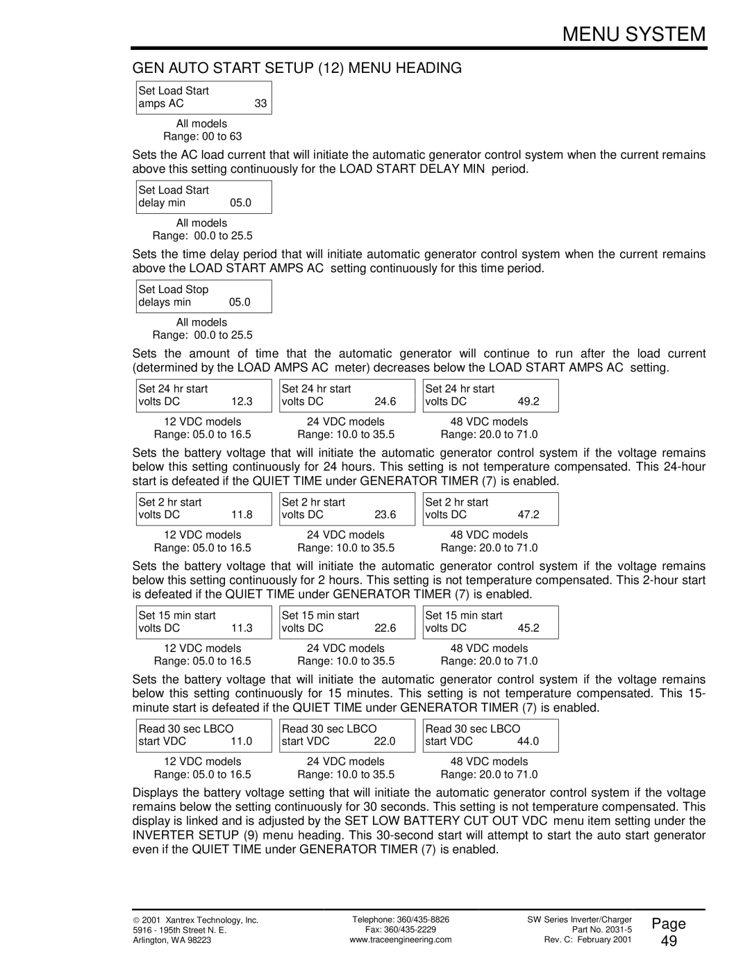 Xantrex Technology SW Series owner manual GEN Auto Start Setup 12 Menu Heading 