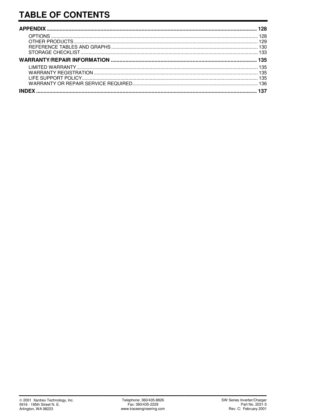 Xantrex Technology SW Series owner manual 128, 135, 137 