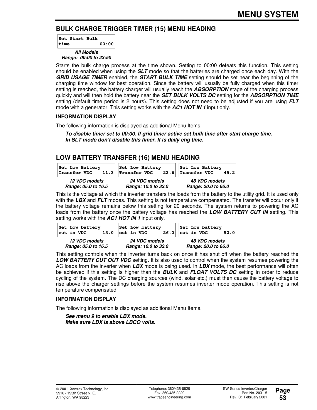 Xantrex Technology SW Series owner manual Bulk Charge Trigger Timer 15 Menu Heading, LOW Battery Transfer 16 Menu Heading 