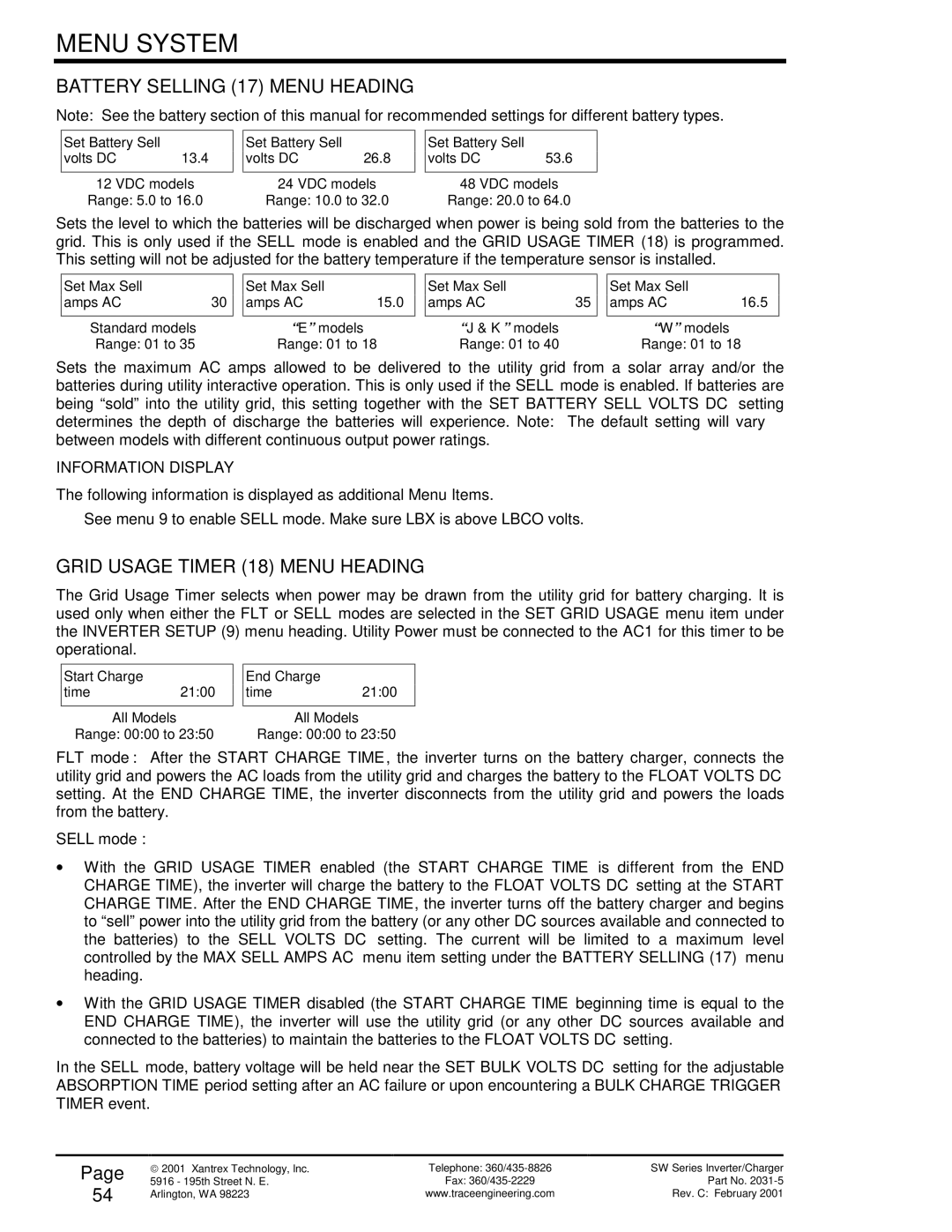 Xantrex Technology SW Series owner manual Battery Selling 17 Menu Heading, Grid Usage Timer 18 Menu Heading 