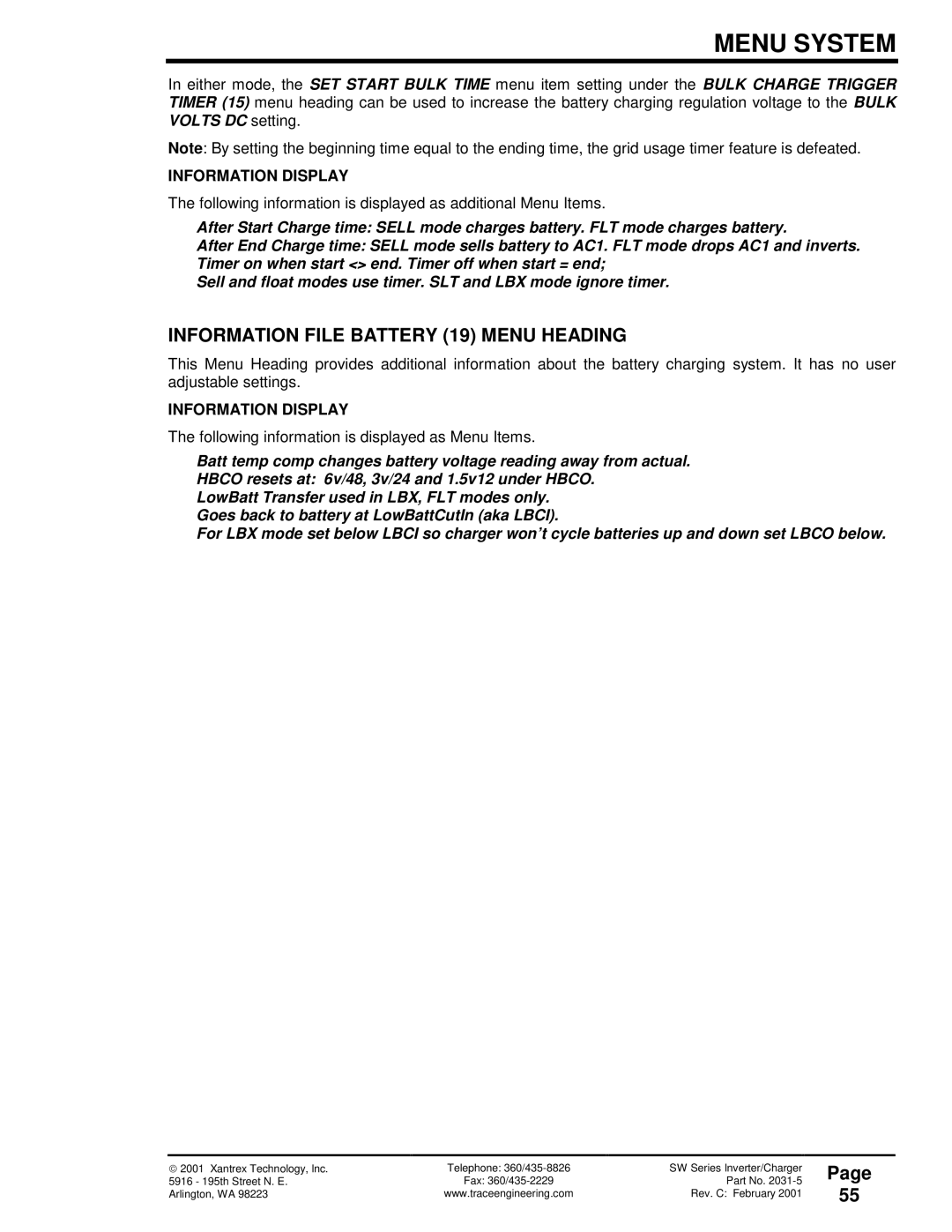 Xantrex Technology SW Series owner manual Information File Battery 19 Menu Heading 