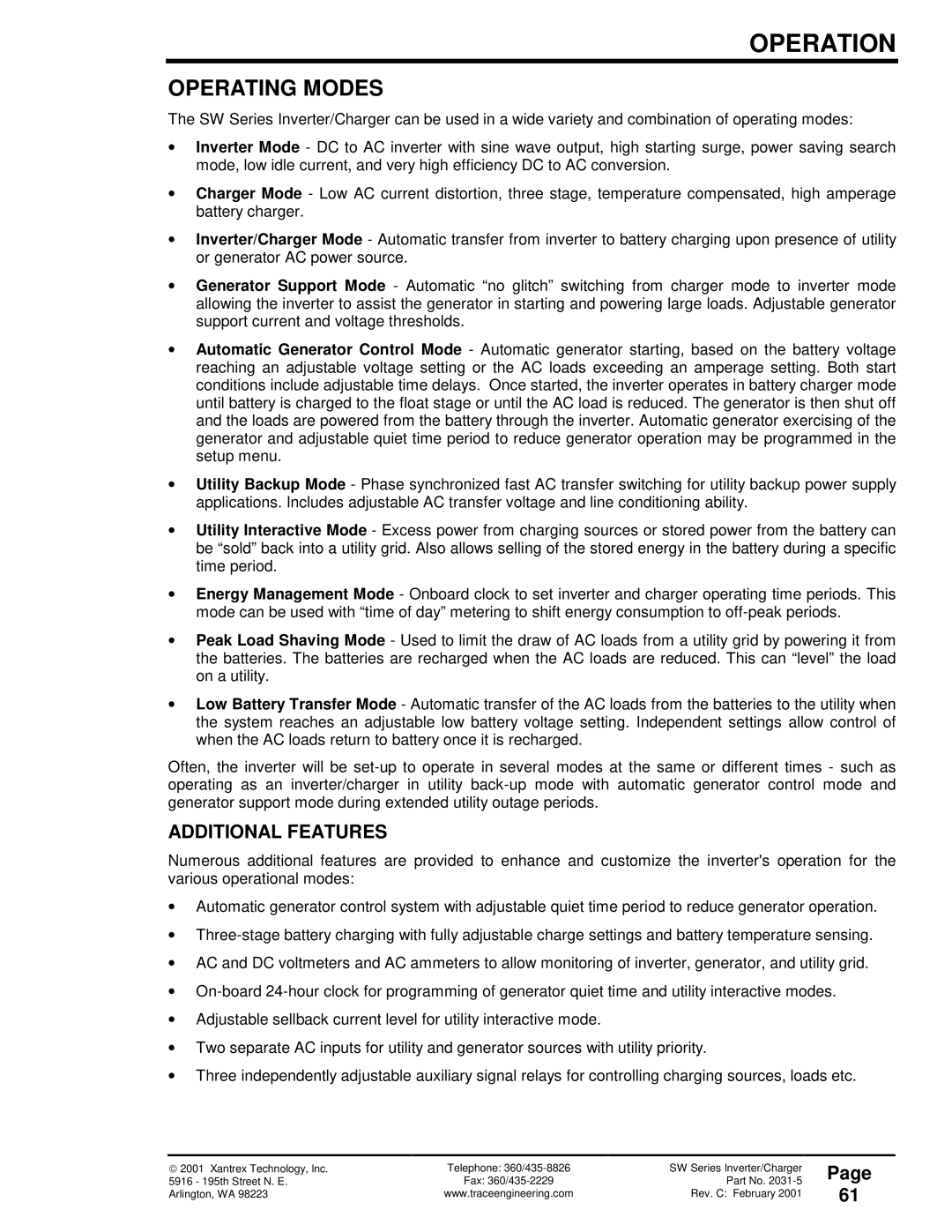 Xantrex Technology SW Series owner manual Operating Modes, Additional Features 