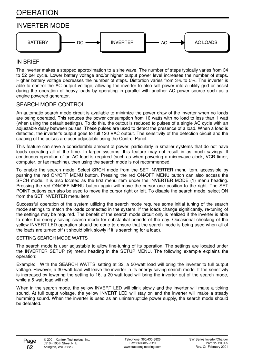 Xantrex Technology SW Series owner manual Inverter Mode, Brief, Search Mode Control, Batterydc Inverter AC Loads 