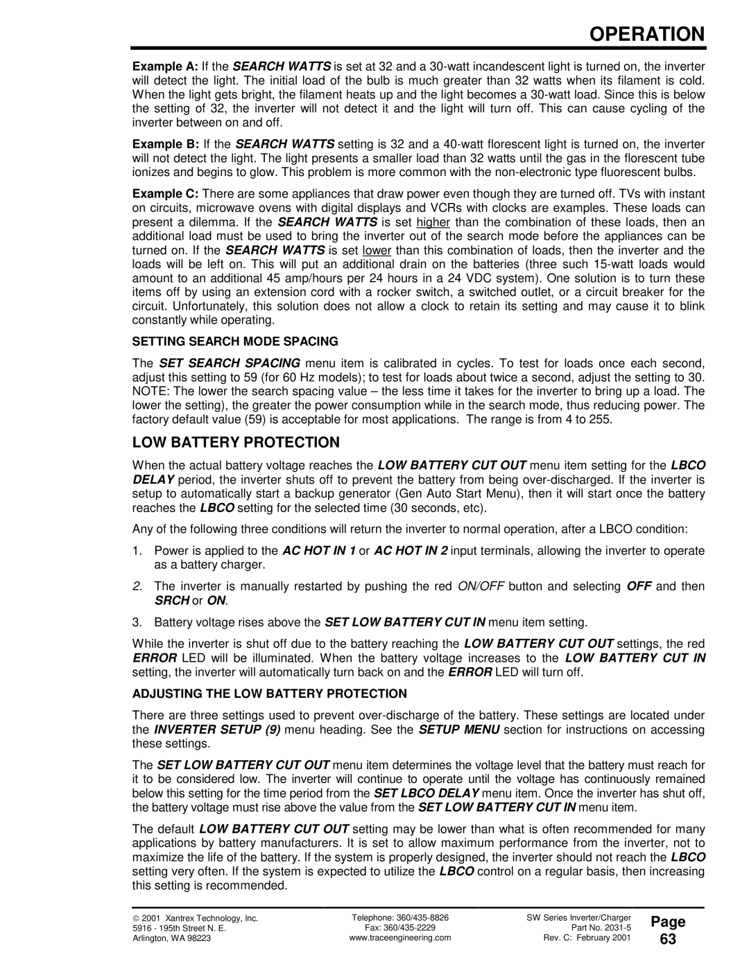 Xantrex Technology SW Series owner manual Setting Search Mode Spacing, Adjusting the LOW Battery Protection 