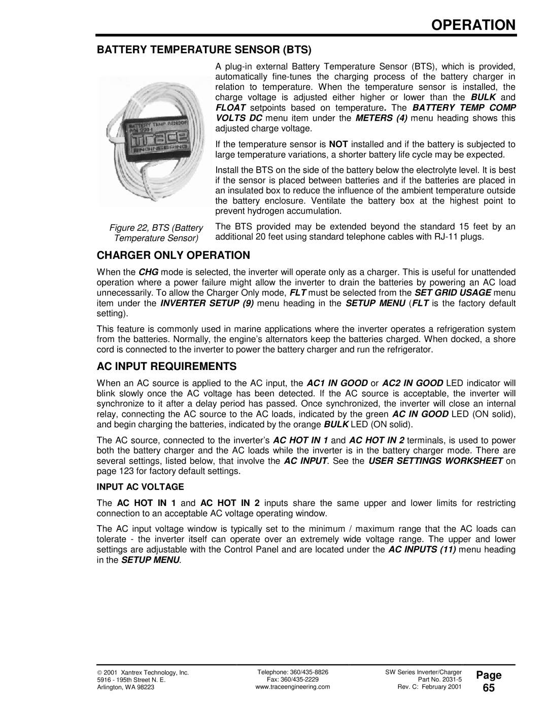 Xantrex Technology SW Series owner manual Battery Temperature Sensor BTS, Charger only Operation, AC Input Requirements 