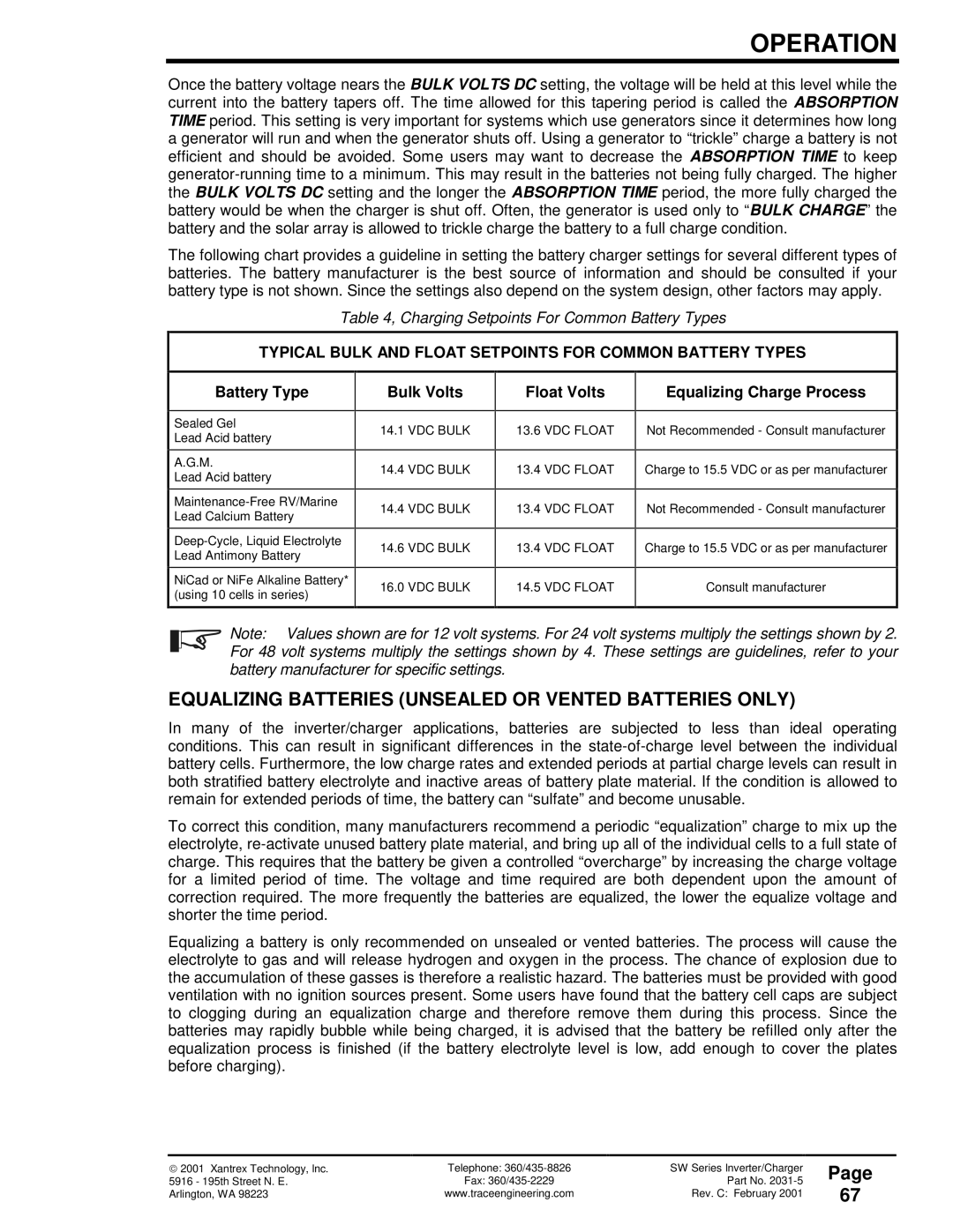 Xantrex Technology SW Series owner manual Equalizing Batteries Unsealed or Vented Batteries only 