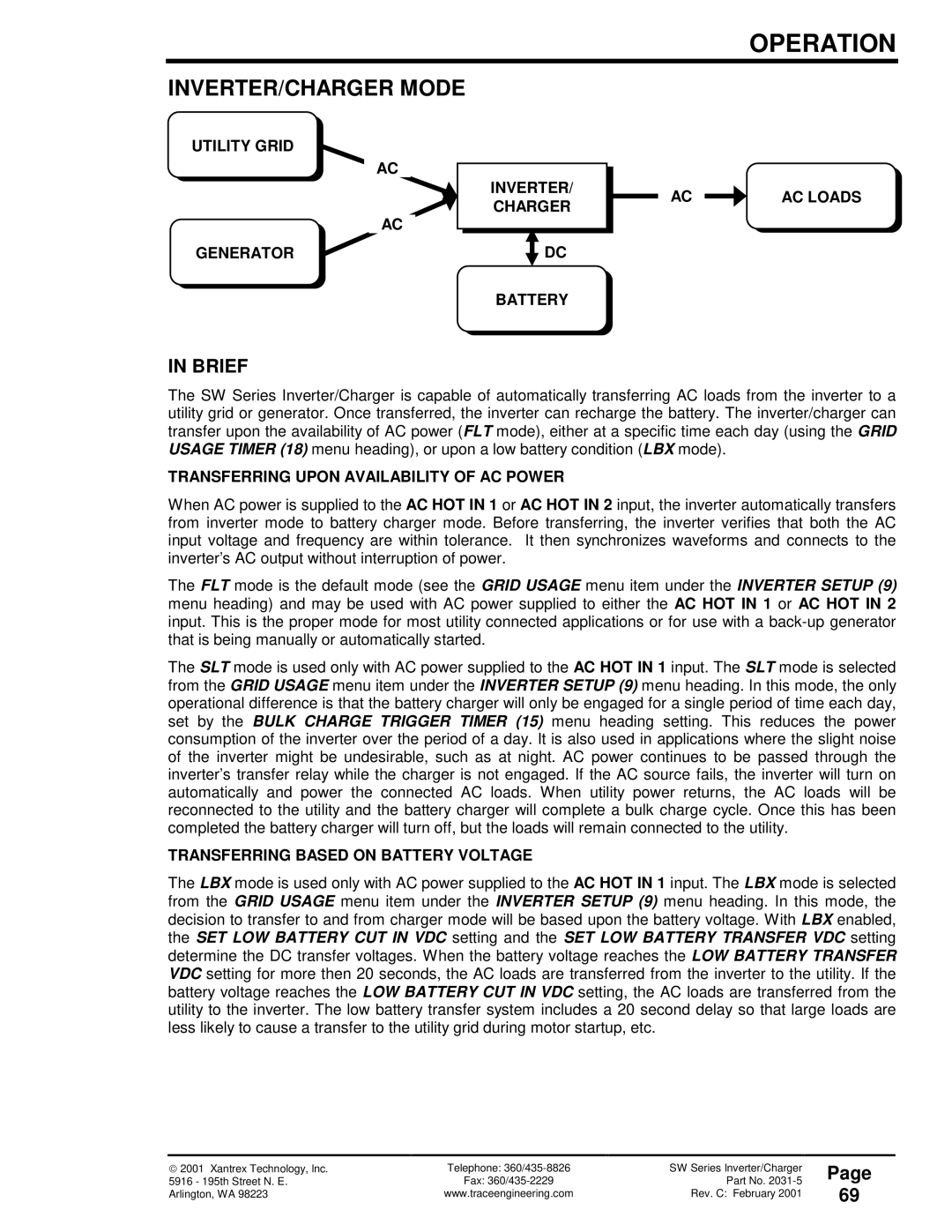 Xantrex Technology SW Series owner manual INVERTER/CHARGER Mode, Utility Grid Generator INVERTER/ Charger AC Loads Battery 